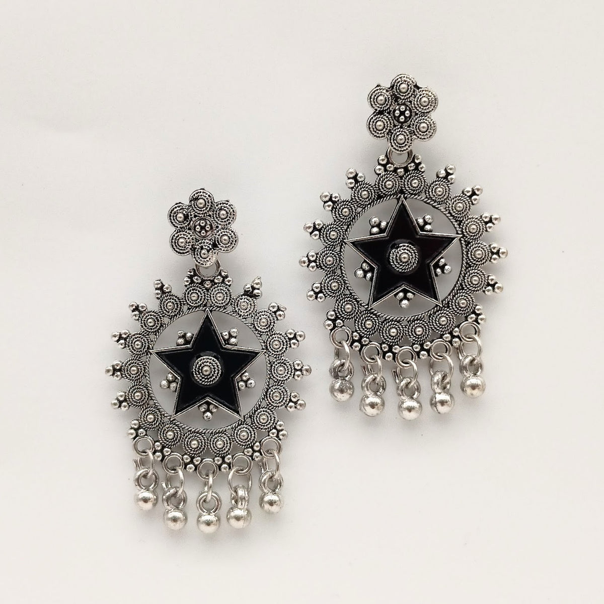 Star Design Black Color Mirror Ethnic Trendy Silver Oxidised Earrings