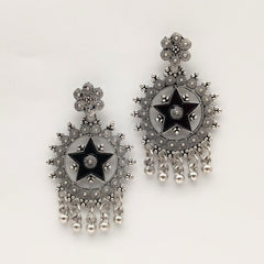 Star Design Black Color Mirror Ethnic Trendy Silver Oxidised Earrings
