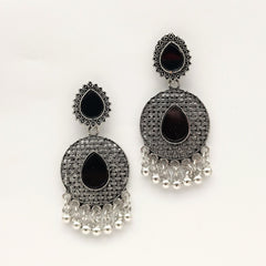 Double Black Water Drop Shape Mirror Ethnic Trendy Silver Oxidised Earrings
