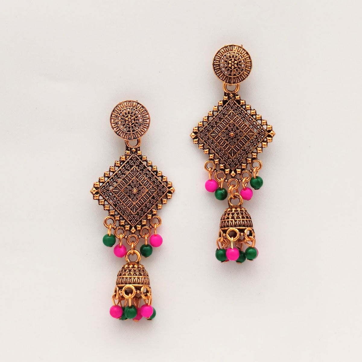 Pink & Green Beads Triangle Shape Jhumka Ethnic Trendy Golden Oxidised Earrings