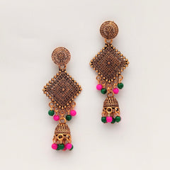 Pink & Green Beads Triangle Shape Jhumka Ethnic Trendy Golden Oxidised Earrings