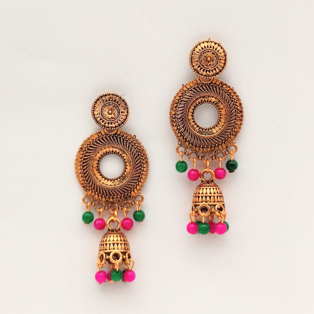 Multicolor Beads Round Design Ethnic Trendy Golden Oxidized Earrings