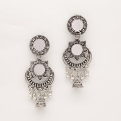 Mirror Flower Design Jhumka Ethnic Trendy Silver Oxidized Earrings