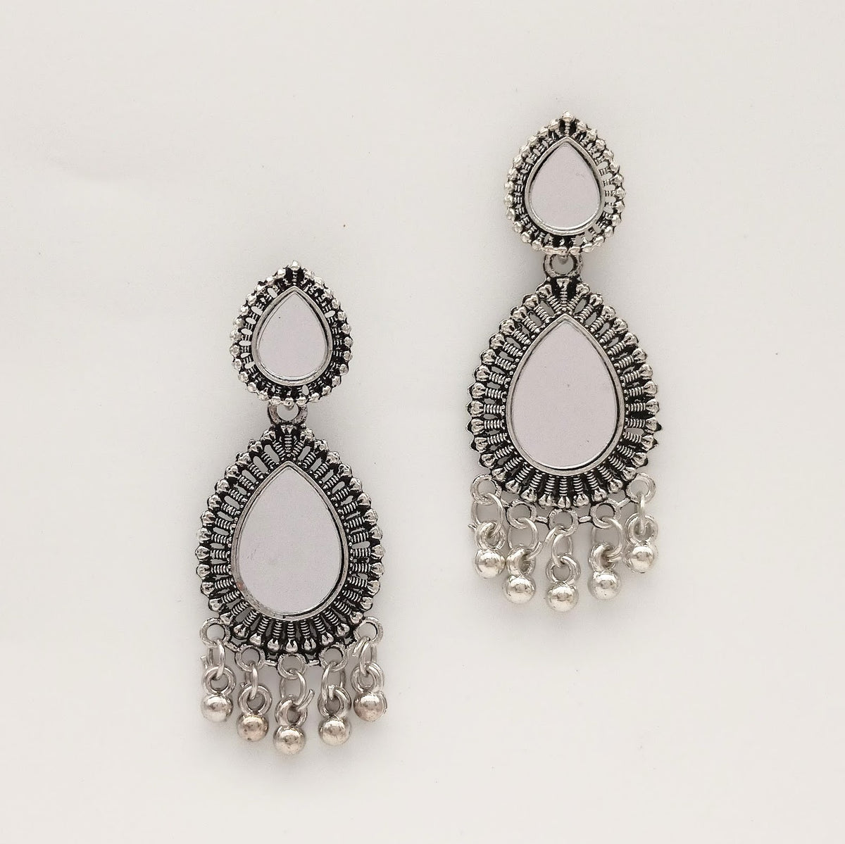 Mirror Double Tikka Shape Ethnic Trendy Silver Oxidized Earrings