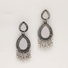 Mirror Double Tikka Shape Ethnic Trendy Silver Oxidized Earrings