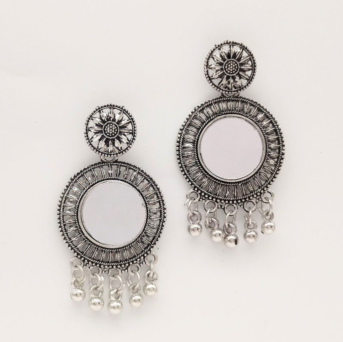 Mirror Round Shape Ethnic Trendy Silver Oxidized Earrings