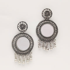 Mirror Round Shape Ethnic Trendy Silver Oxidized Earrings