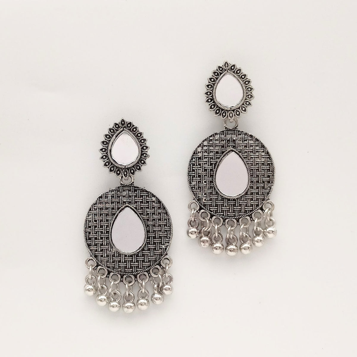 Double Mirror Water Drop Shape Ethnic Trendy Silver Oxidized Earrings