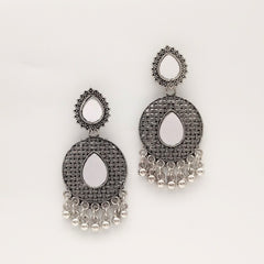 Double Mirror Water Drop Shape Ethnic Trendy Silver Oxidized Earrings