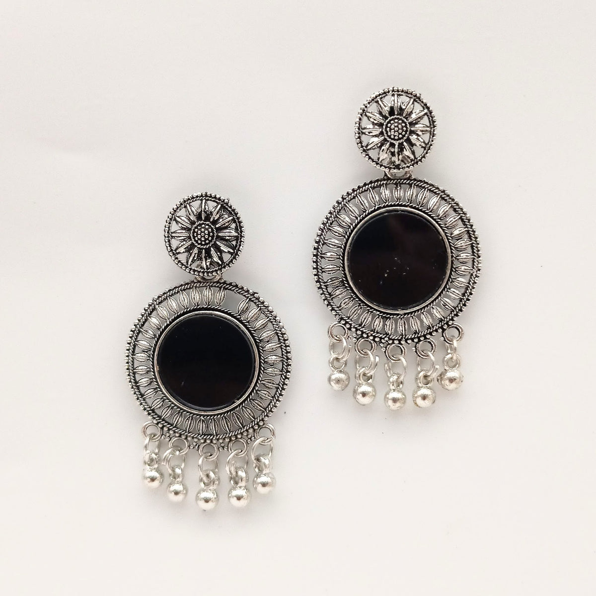 Round Circle Black Mirror Ethnic Trendy Silver Oxidized Earrings