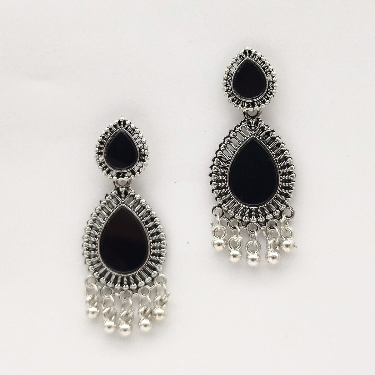 Water Drop Shape Black Mirror Ethnic Trendy Silver Oxidized Earrings