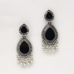 Water Drop Shape Black Mirror Ethnic Trendy Silver Oxidized Earrings