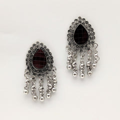 Rain Like Beads Tikka Shape Mirror Ethnic Trendy Silver Oxidized Earrings