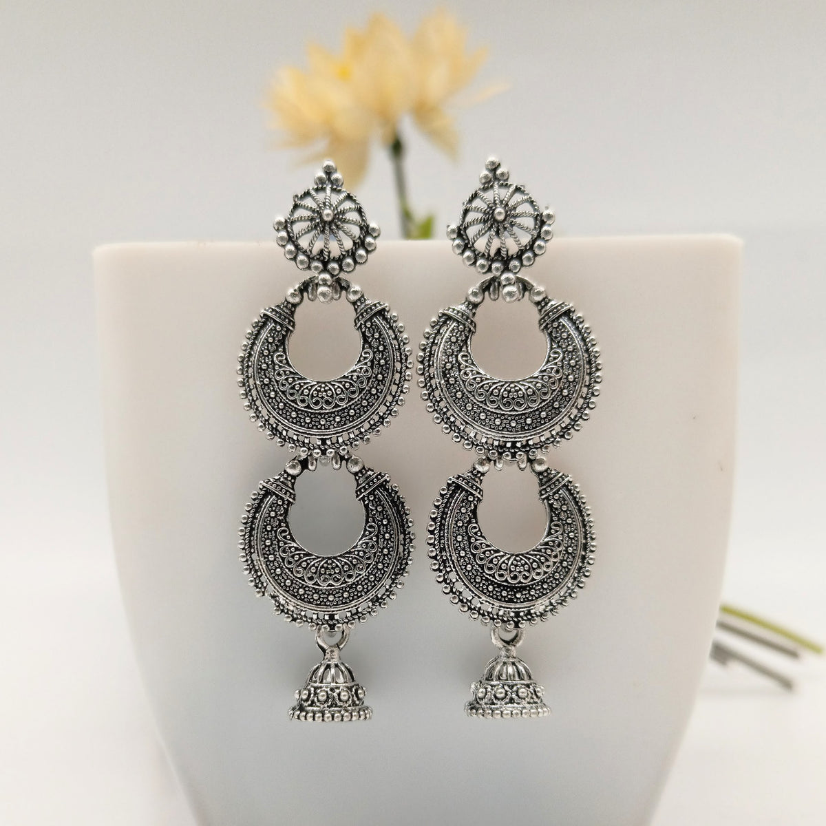 Double Chaandbali Drop Jhumka Ethnic Trendy Silver Oxidized Earrings