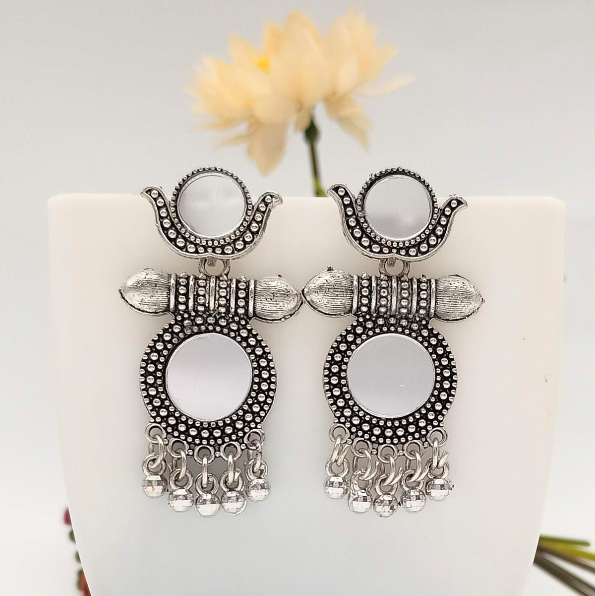 Round Design Mirror Ethnic Trendy Silver Oxidized Earrings