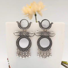 Round Design Mirror Ethnic Trendy Silver Oxidized Earrings