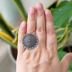 Tiny Flower Circle Trendy Silver Oxidised Adjustable Finger Ring