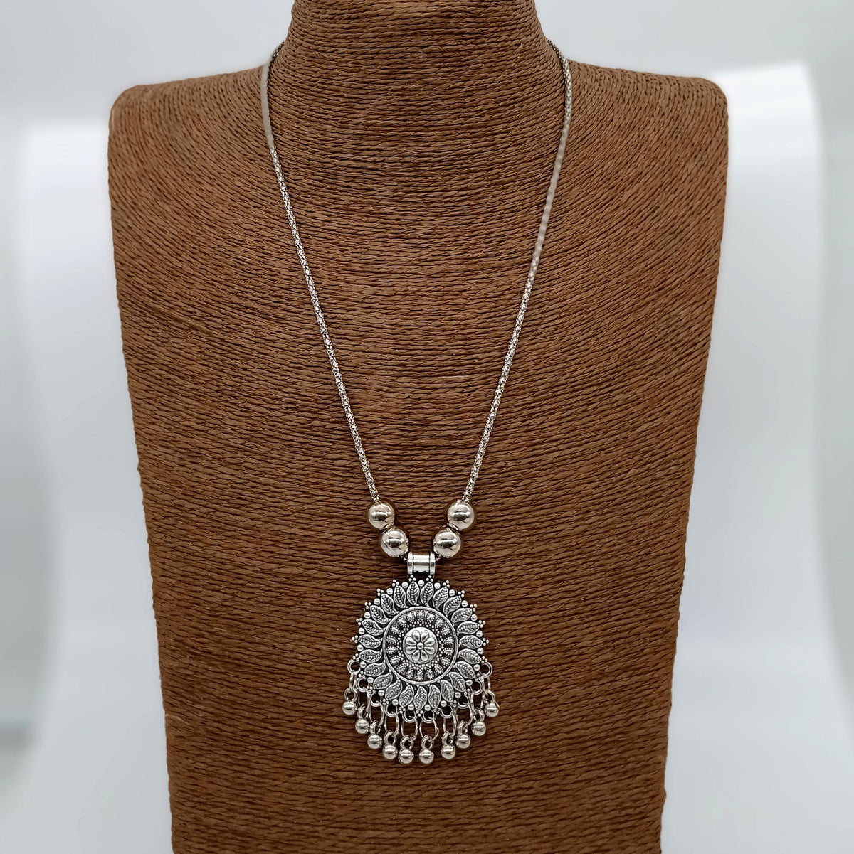 Floral Design Silver Oxidised Pendant Necklace