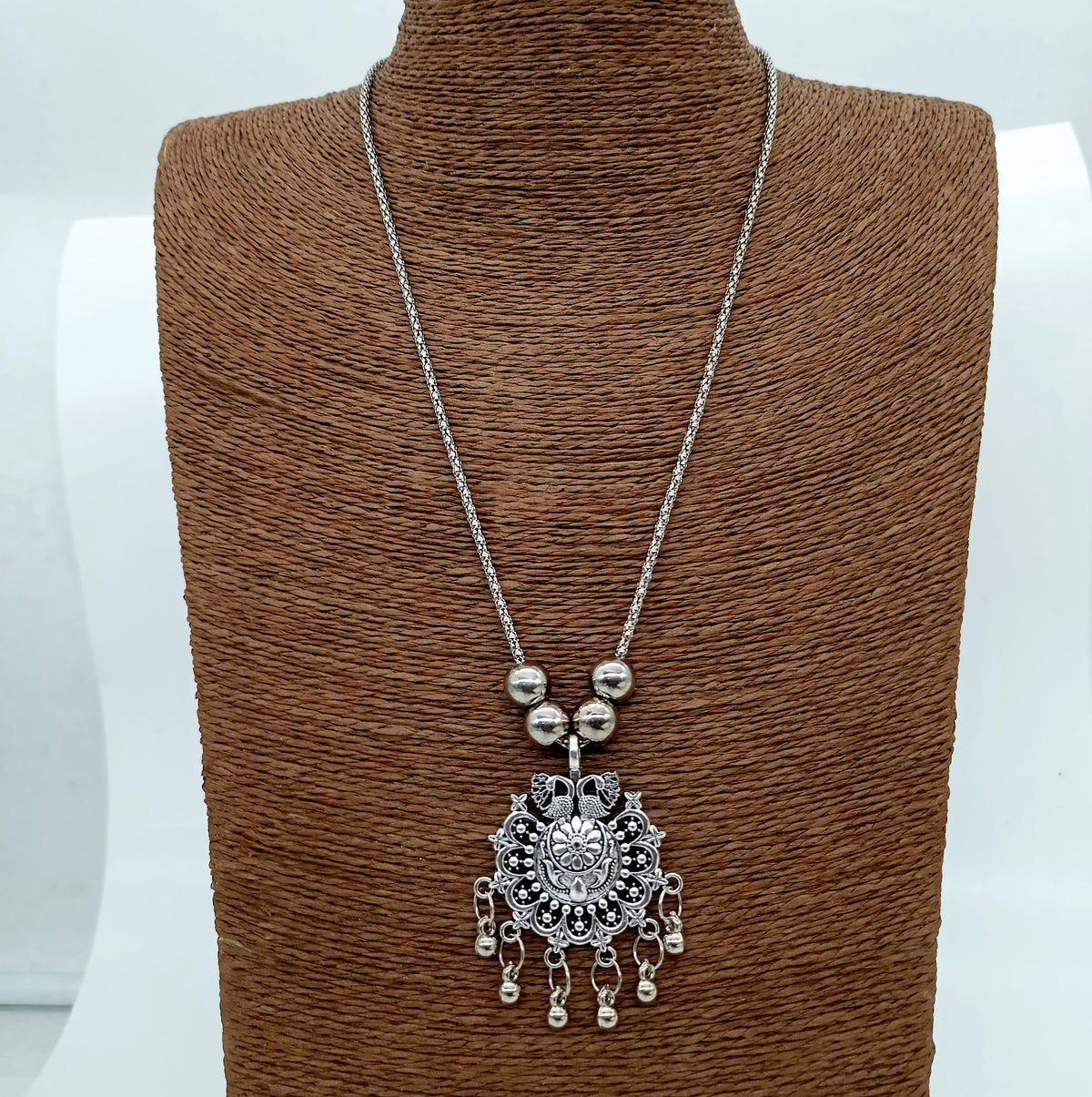 Peacock & Flower Design Silver Oxidised Pendant Necklace