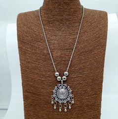Peacock & Flower Design Silver Oxidised Pendant Necklace