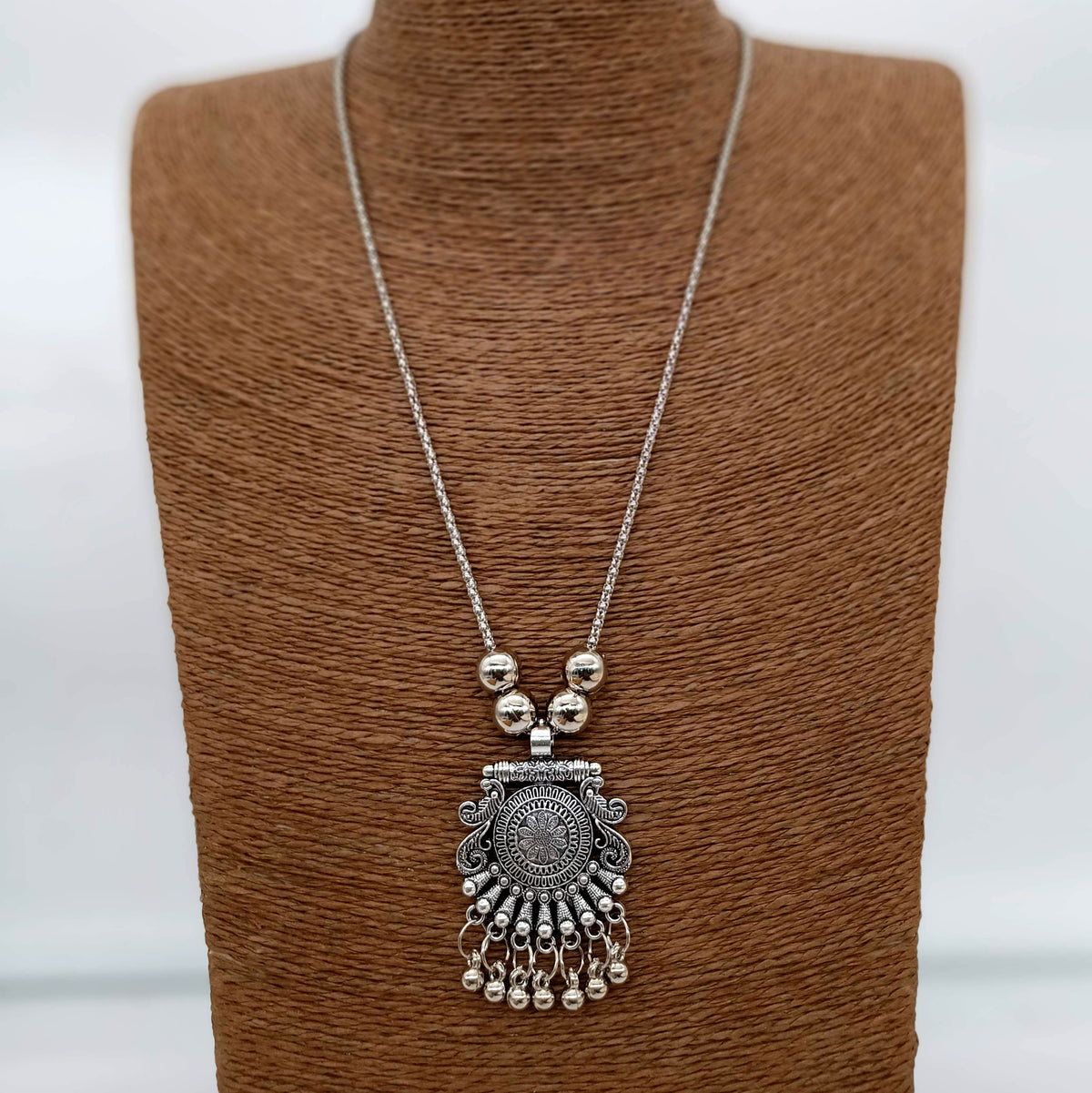 Flower Engraved Silver Oxidised Pendant Necklace