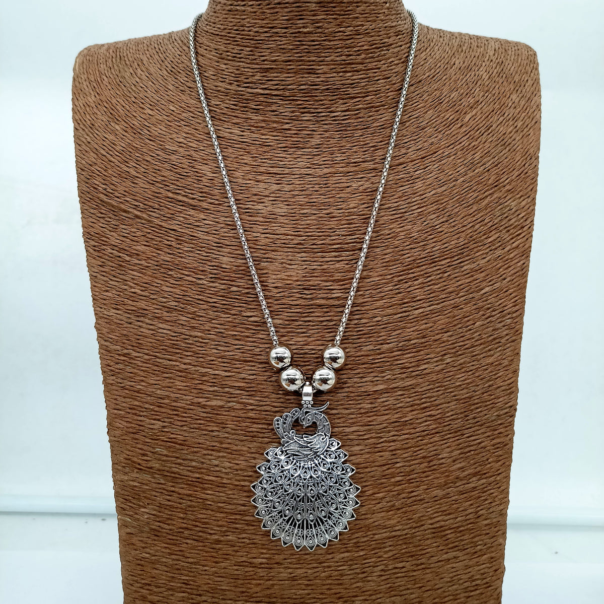 Dancing Peacock Silver Oxidised Pendant Necklace