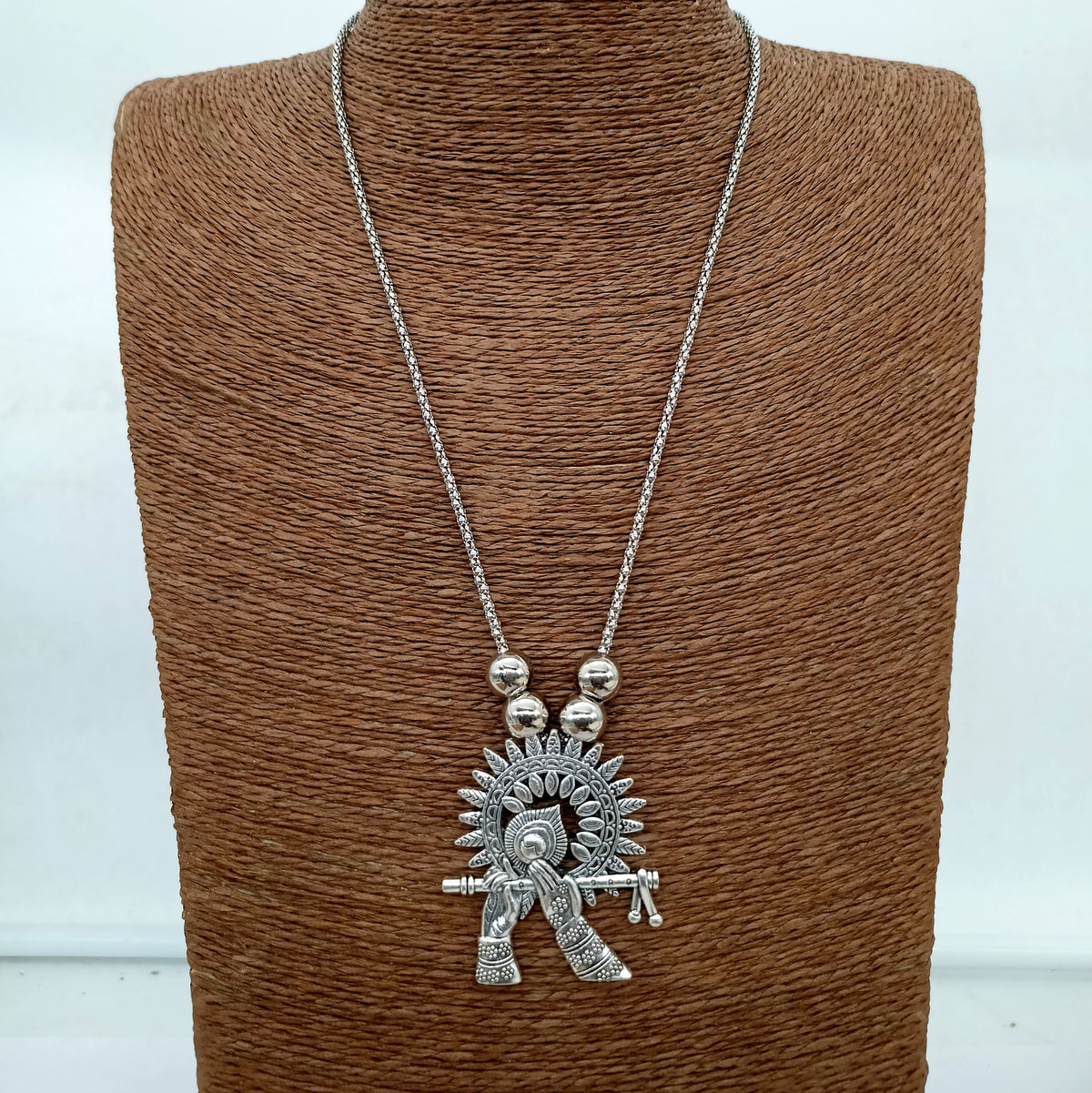 Krishna ji Bansuri Silver Oxidised Pendant Necklace