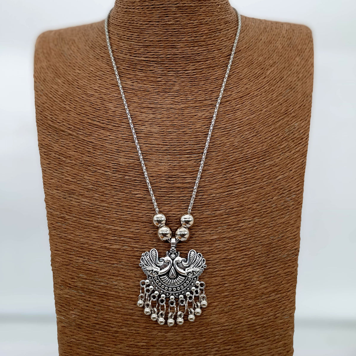 Peacock Design Cute Silver Oxidised Pendant Necklace