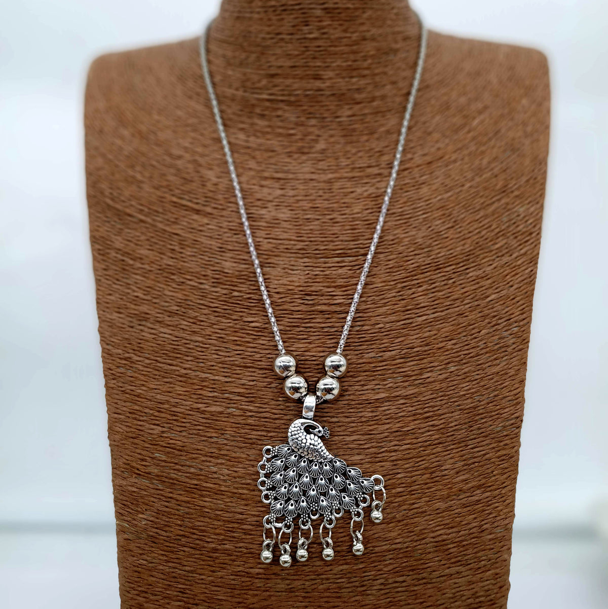 Peacock Open Feather Silver Oxidised Pendant Necklace