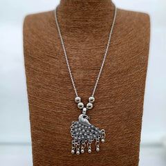 Peacock Open Feather Silver Oxidised Pendant Necklace