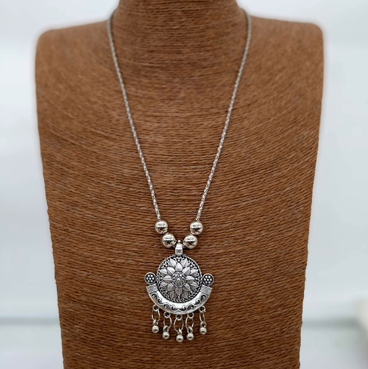Big Flower Engraved Design Silver Oxidised Pendant Necklace