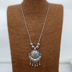 Big Flower Engraved Design Silver Oxidised Pendant Necklace