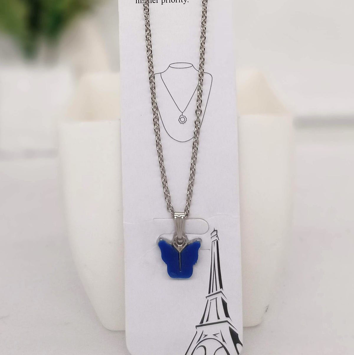 Blue Color Butterfly Silver Chain Pendant Necklace