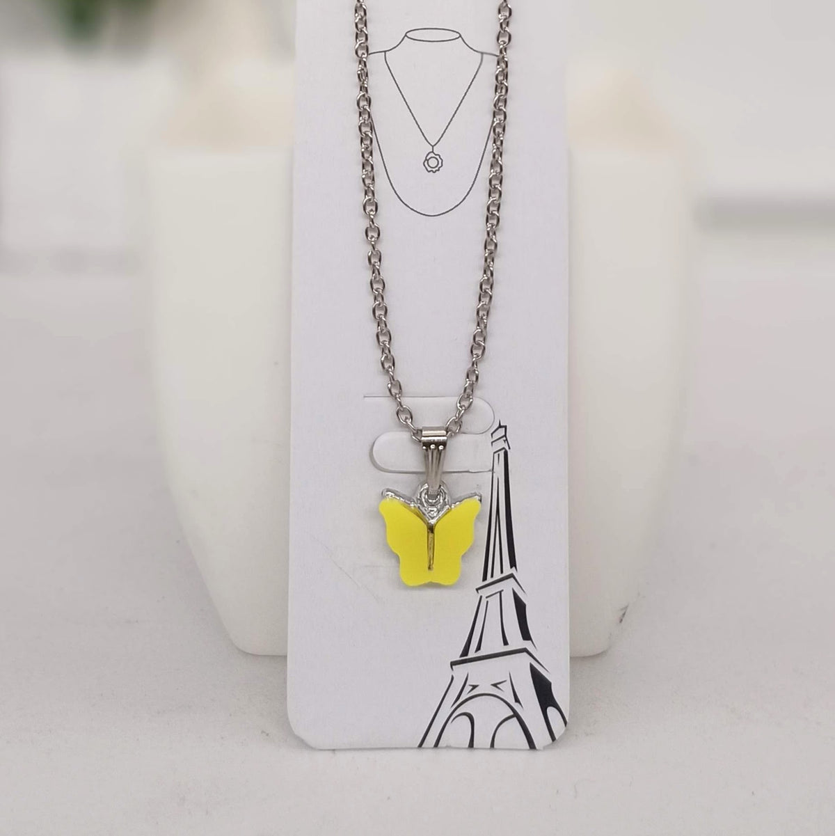 Yellow Color Butterfly Silver Chain Pendant Necklace