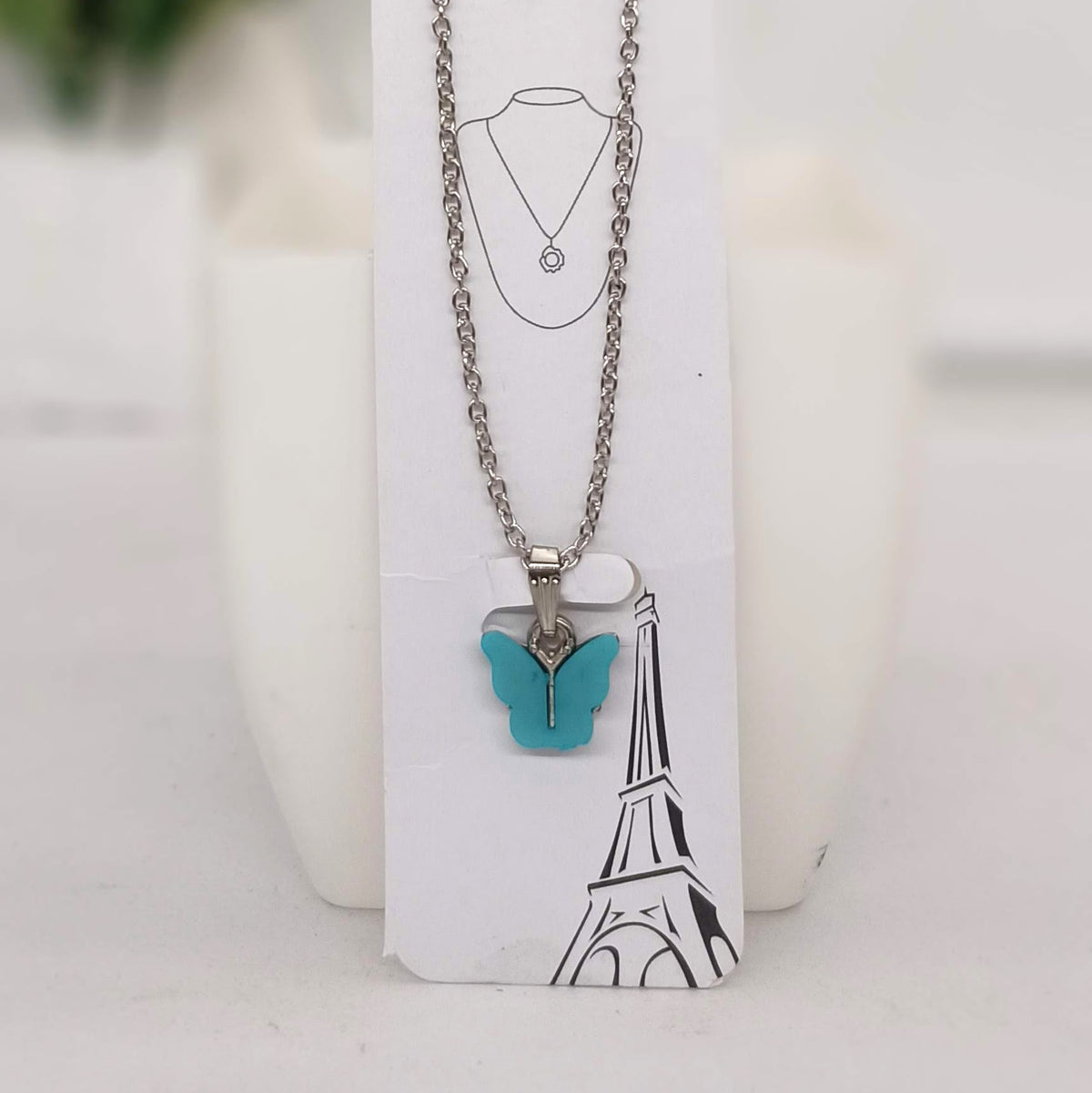 Sea Green Color Butterfly Silver Chain Pendant Necklace