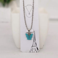 Sea Green Color Butterfly Silver Chain Pendant Necklace