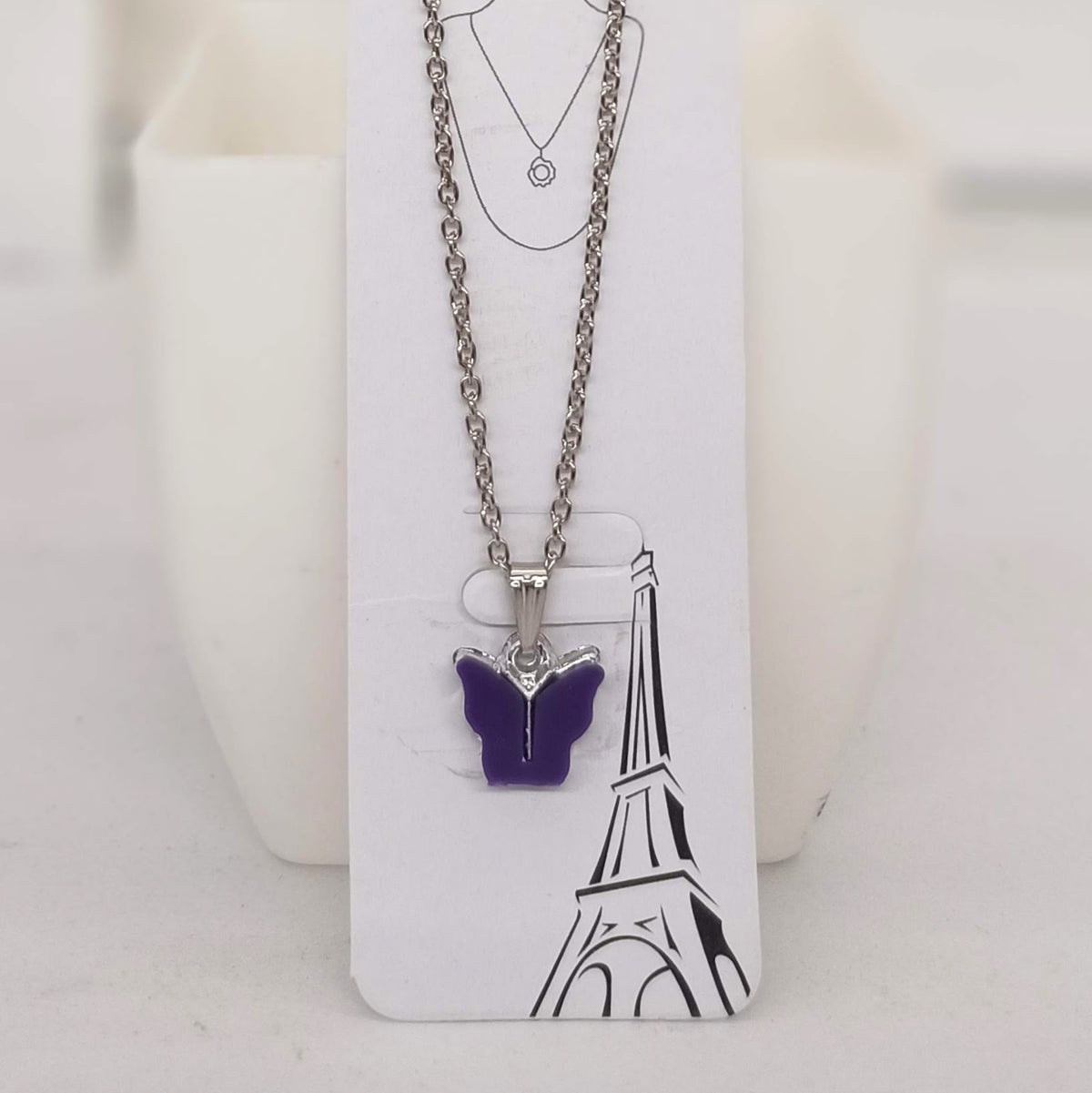 Dark Purple Color Butterfly Silver Chain Pendant Necklace