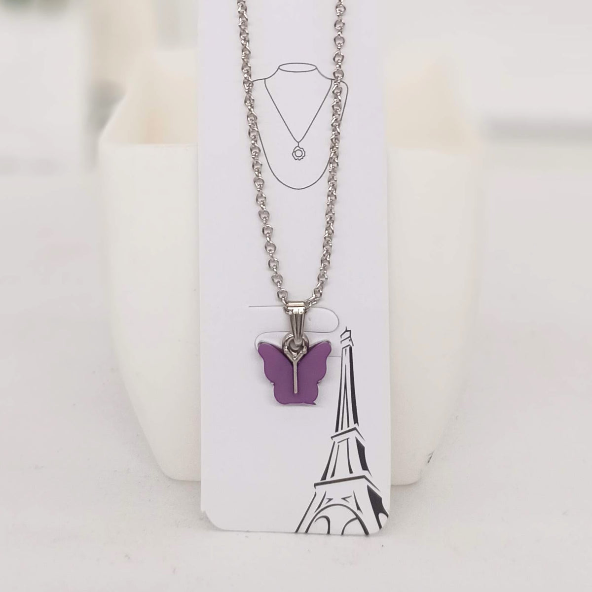 Purple Color Butterfly Silver Chain Pendant Necklace