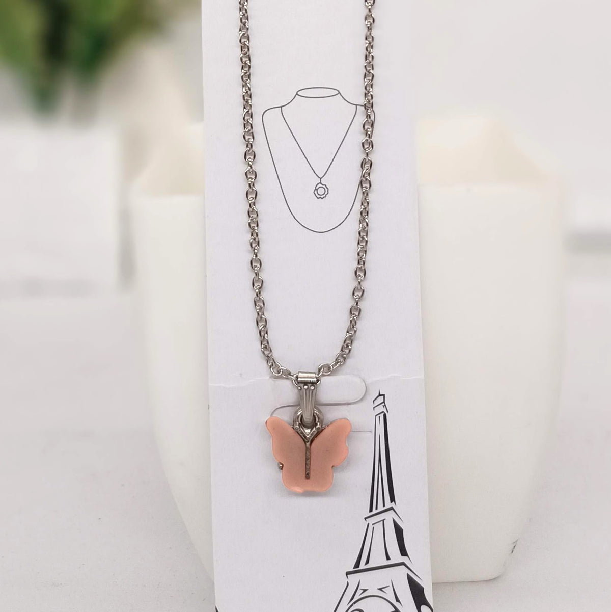 Light Orange Color Butterfly Silver Chain Pendant Necklace