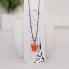 Bright Orange Color Butterfly Silver Chain Pendant Necklace