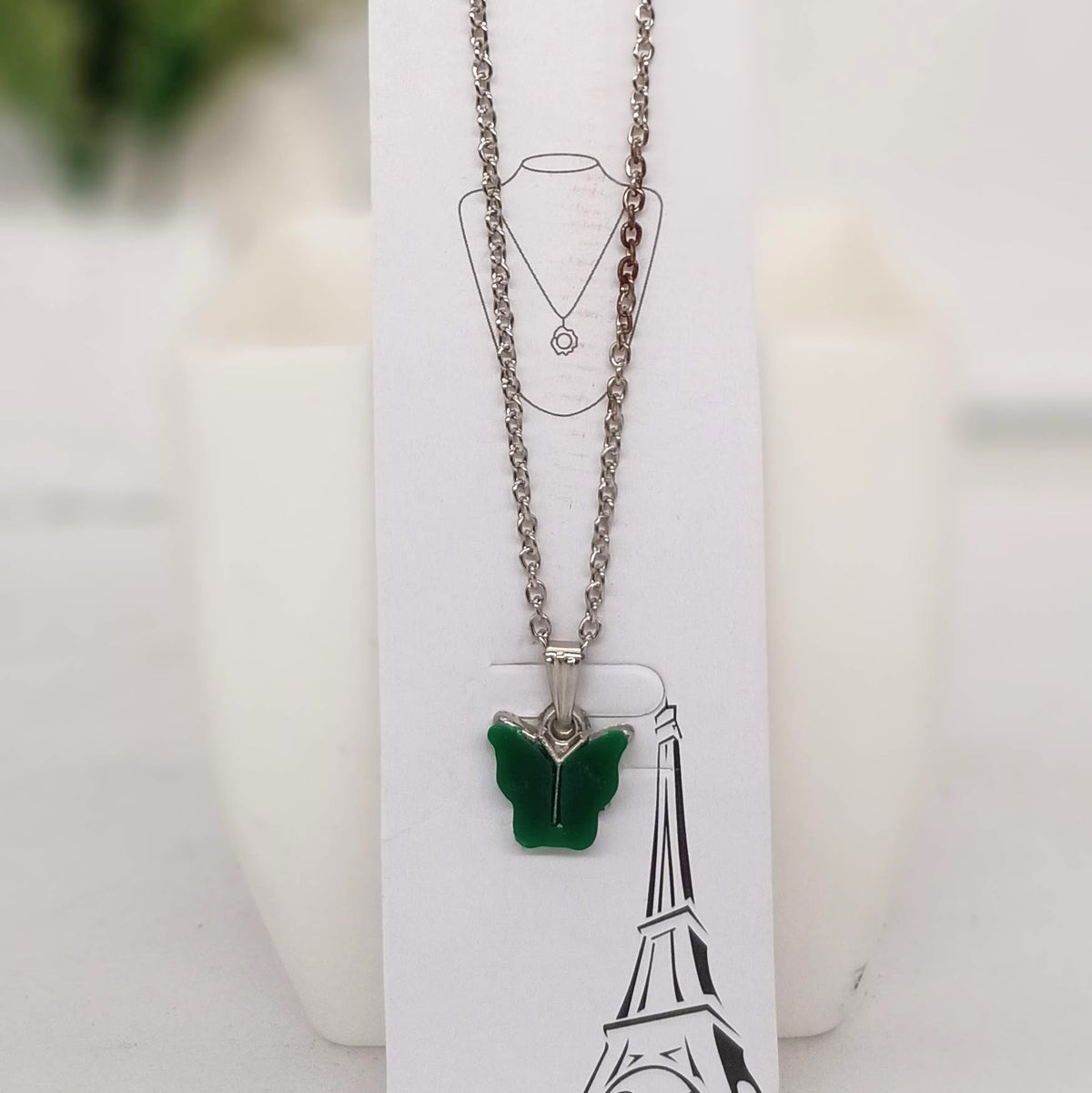 Green Color Butterfly Silver Chain Pendant Necklace
