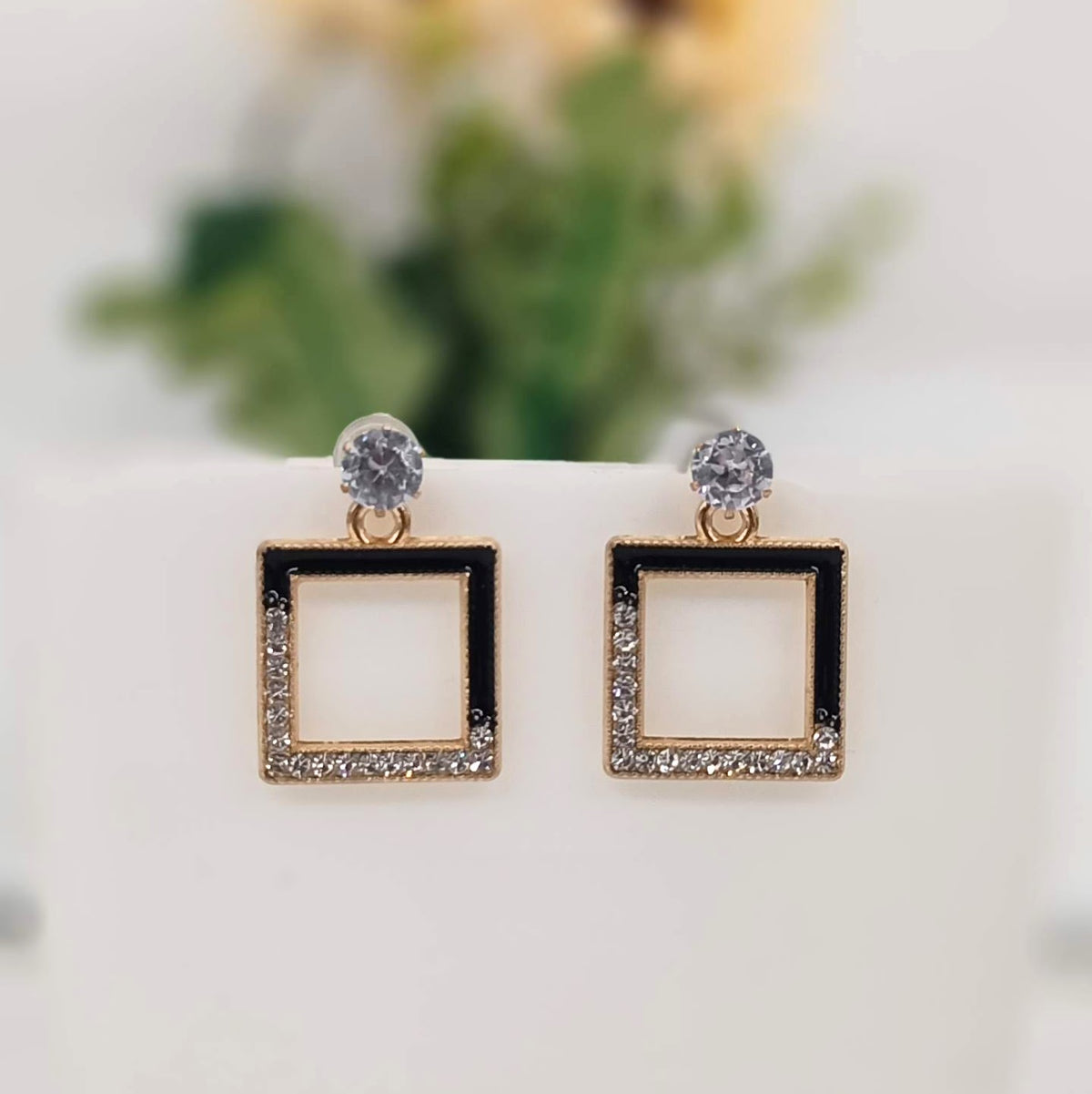 Square Shape Black & Golden Stone Fashion Trendy Korean Earrings
