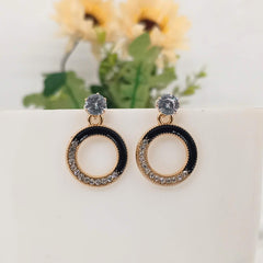 Round Shape Black & Golden Stone Fashion Trendy Korean Earrings