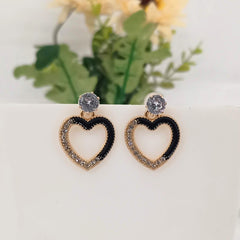 Heart Shape Black & Golden Stone Fashion Trendy Korean Earrings