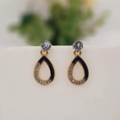 Water Drop Shape Black & Golden Stone Fashion Trendy Korean Earrings