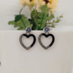 Heart Shape Black & Silver Stone Fashion Trendy Korean Earrings