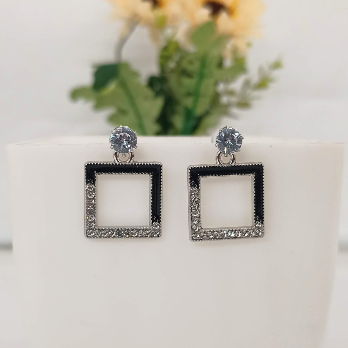 Square Shape Black & Silver Stone Fashion Trendy Korean Earrings