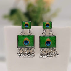 Rectangle Shape Peacock Sticker Trendy Silver Oxidised Earrings