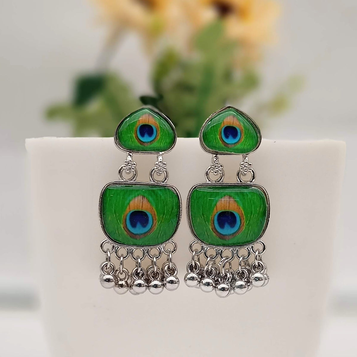 Heart Shape Beauty Peacock Sticker Trendy Silver Oxidised Earrings