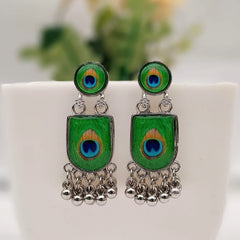 Round Shape Stud Peacock Sticker Trendy Silver Oxidised Earrings